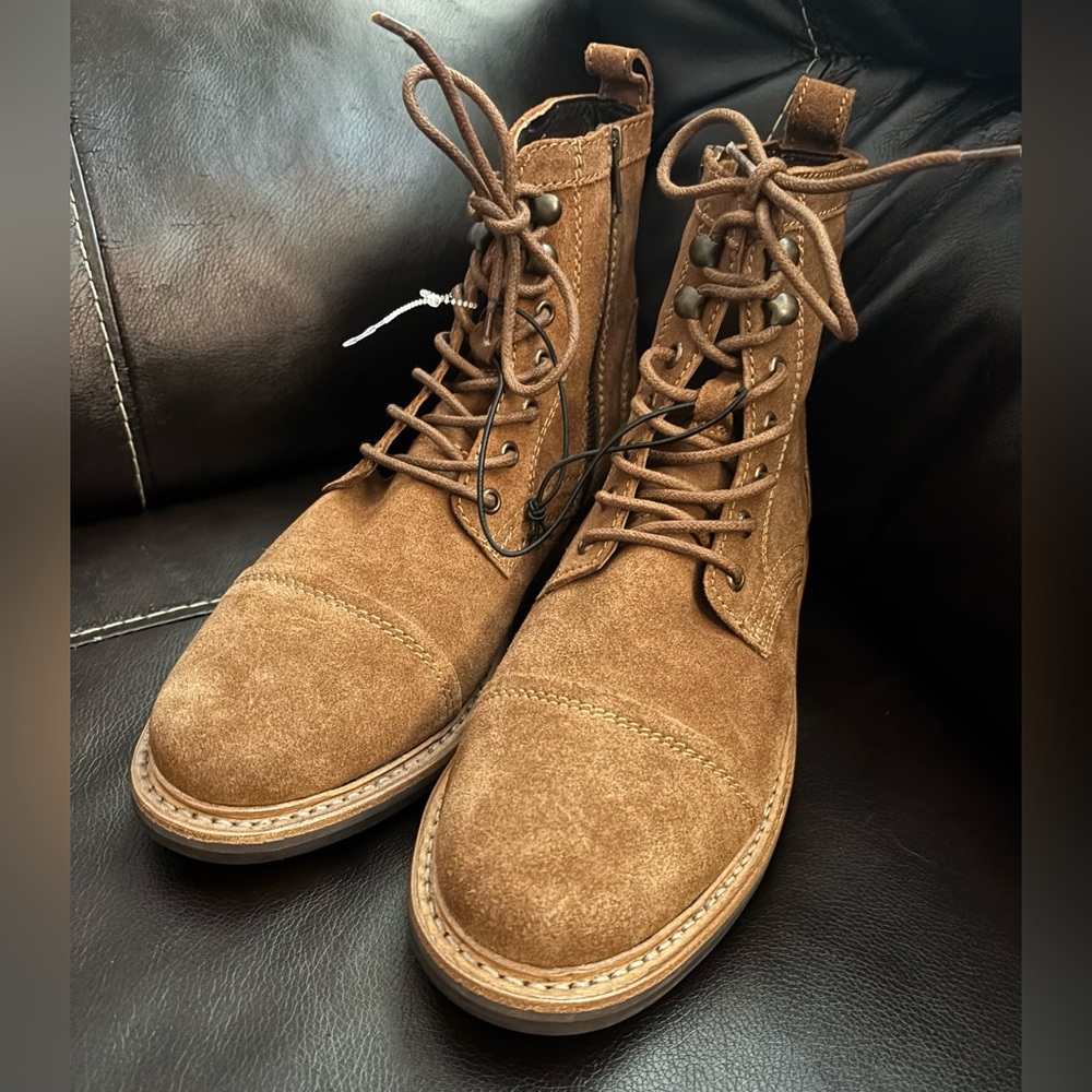 New Frye Russell Mens Side Zip Lace Up Tan Leather Suede Boots Size 10 - Picture 2 of 11